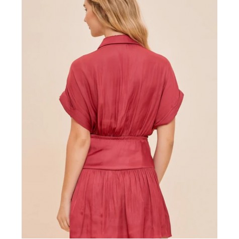 Mustard Seed  Silky Sunset Ruched Wrap Gathered Waist Mini Dress SKU# S22594-light-beige-6 SKU# S22594-astro-red-6