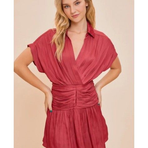 Mustard Seed  Silky Sunset Ruched Wrap Gathered Waist Mini Dress SKU# S22594-light-beige-6 SKU# S22594-astro-red-6