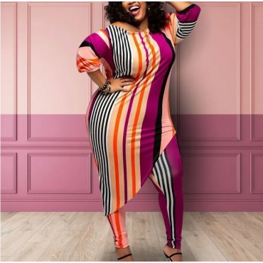 Fuchsia 5XL Striped Top Leggings Set  SKU# TMS012325XLFCHMT