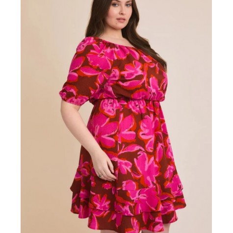 GILLI  Hot Pink Brown Floral Print Off Shoulder Puff Sleeve Asymmetric Ruffle Dress SKU# XAD4906-burgandy-multi-6