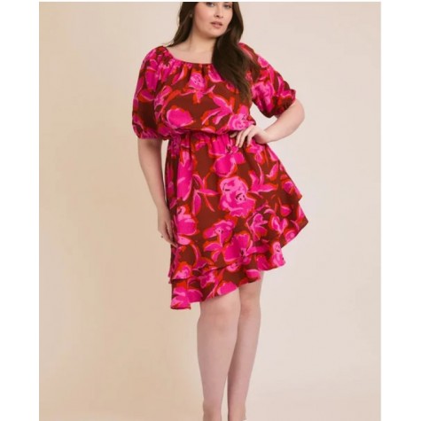 GILLI  Hot Pink Brown Floral Print Off Shoulder Puff Sleeve Asymmetric Ruffle Dress SKU# XAD4906-burgandy-multi-6