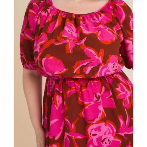 GILLI  Hot Pink Brown Floral Print Off Shoulder Puff Sleeve Asymmetric Ruffle Dress SKU# XAD4906-burgandy-multi-6