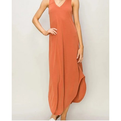 HYFVE  Basic Soft Hi-Low Sleeveless V-Neck Relax Fit Curve Hem Midi Dress SKU# DZ24A899-mint-6 SKU# DZ24A899-baked-clay-6