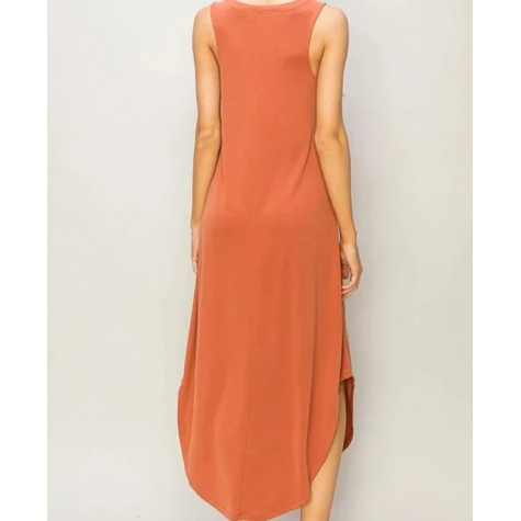 HYFVE  Basic Soft Hi-Low Sleeveless V-Neck Relax Fit Curve Hem Midi Dress SKU# DZ24A899-mint-6 SKU# DZ24A899-baked-clay-6