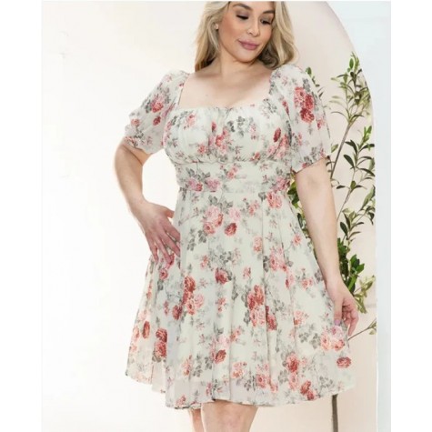 Zenobia  Junior Plus Size Floral Short Balloon Sleeve Mini Dress SKU# ZB12622F1-black-3 SKU# ZB12622F1-ivory-3 SKU# ZB12622F1-sage-3