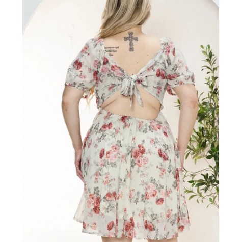 Zenobia  Junior Plus Size Floral Short Balloon Sleeve Mini Dress SKU# ZB12622F1-black-3 SKU# ZB12622F1-ivory-3 SKU# ZB12622F1-sage-3