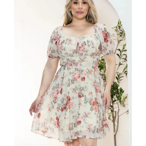 Zenobia  Junior Plus Size Floral Short Balloon Sleeve Mini Dress SKU# ZB12622F1-black-3 SKU# ZB12622F1-ivory-3 SKU# ZB12622F1-sage-3