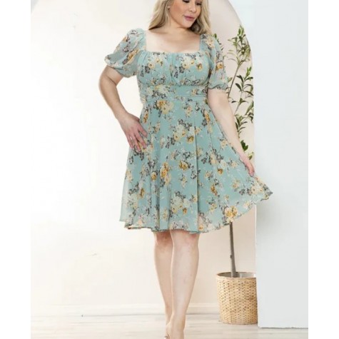 Zenobia  Junior Plus Size Floral Short Balloon Sleeve Mini Dress SKU# ZB12622F1-black-3 SKU# ZB12622F1-ivory-3 SKU# ZB12622F1-sage-3