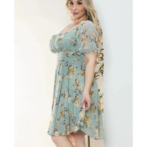 Zenobia  Junior Plus Size Floral Short Balloon Sleeve Mini Dress SKU# ZB12622F1-black-3 SKU# ZB12622F1-ivory-3 SKU# ZB12622F1-sage-3