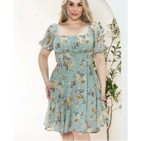 Zenobia  Junior Plus Size Floral Short Balloon Sleeve Mini Dress SKU# ZB12622F1-black-3 SKU# ZB12622F1-ivory-3 SKU# ZB12622F1-sage-3