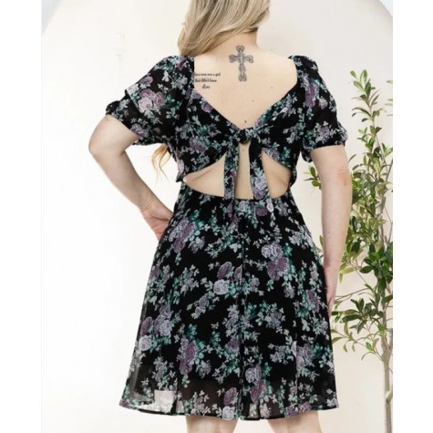 Zenobia  Junior Plus Size Floral Short Balloon Sleeve Mini Dress SKU# ZB12622F1-black-3 SKU# ZB12622F1-ivory-3 SKU# ZB12622F1-sage-3