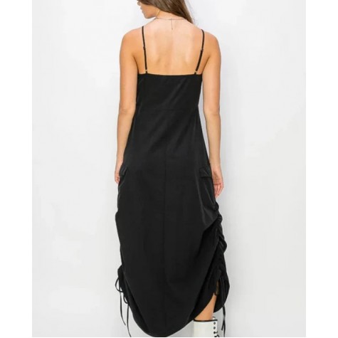 HYFVE  Streetwear Sleeveless Side Ruched Midi Cargo Dress SKU# HF23F935-khaki-6 SKU# HF23F935-salmon-6 SKU# HF23F935-black-6