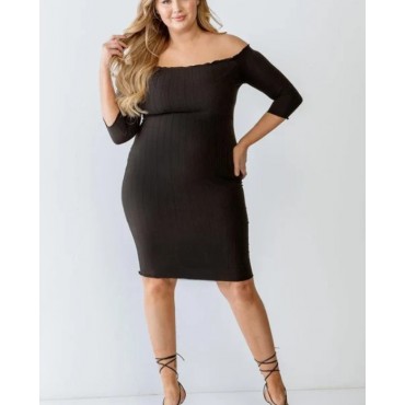 Zenobia  Plus Size Black Ribbed Off-The-Shoulder Midi Dress SKU# ZA4467-black-3