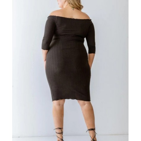 Zenobia  Plus Size Black Ribbed Off-The-Shoulder Midi Dress SKU# ZA4467-black-3