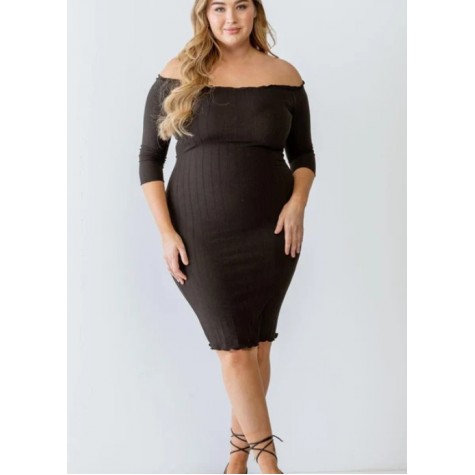 Zenobia  Plus Size Black Ribbed Off-The-Shoulder Midi Dress SKU# ZA4467-black-3