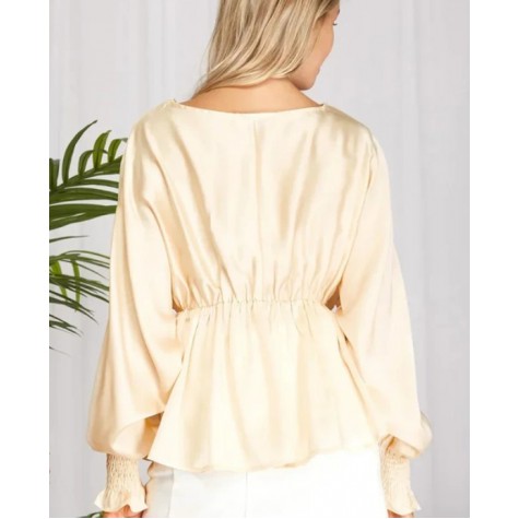 SHE+SKY  Plus Size Silky V-Neck Smocked Cuffs Peplum Blouse - Elegant Flowy Top SKU# PSY3390-peach-coral-6 SKU# PSY3390-lilac-6 SKU# PSY3390-ecru-6 SKU# PSY3390-misty-sage-6