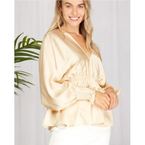 SHE+SKY  Plus Size Silky V-Neck Smocked Cuffs Peplum Blouse - Elegant Flowy Top SKU# PSY3390-peach-coral-6 SKU# PSY3390-lilac-6 SKU# PSY3390-ecru-6 SKU# PSY3390-misty-sage-6