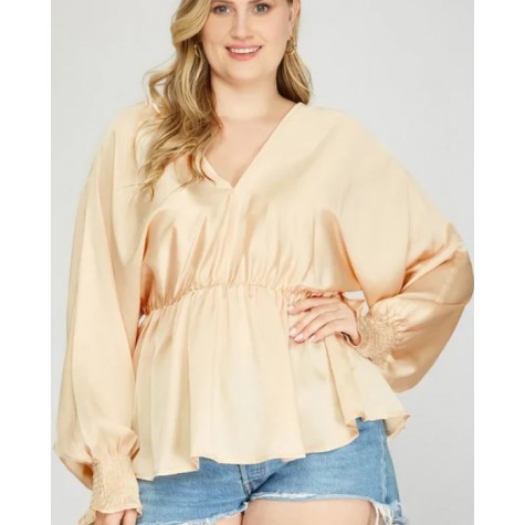 SHE+SKY  Plus Size Silky V-Neck Smocked Cuffs Peplum Blouse - Elegant Flowy Top SKU# PSY3390-peach-coral-6 SKU# PSY3390-lilac-6 SKU# PSY3390-ecru-6 SKU# PSY3390-misty-sage-6