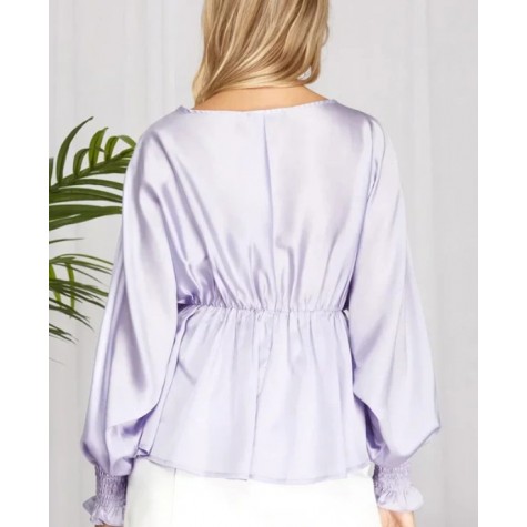 SHE+SKY  Plus Size Silky V-Neck Smocked Cuffs Peplum Blouse - Elegant Flowy Top SKU# PSY3390-peach-coral-6 SKU# PSY3390-lilac-6 SKU# PSY3390-ecru-6 SKU# PSY3390-misty-sage-6
