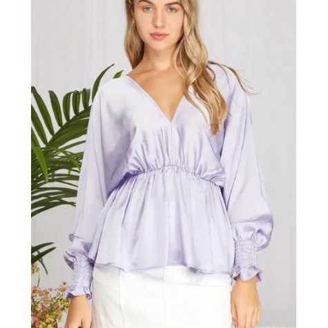 SHE+SKY  Plus Size Silky V-Neck Smocked Cuffs Peplum Blouse - Elegant Flowy Top SKU# PSY3390-peach-coral-6 SKU# PSY3390-lilac-6 SKU# PSY3390-ecru-6 SKU# PSY3390-misty-sage-6