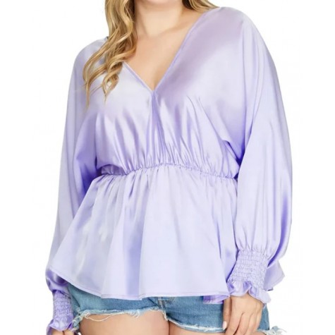SHE+SKY  Plus Size Silky V-Neck Smocked Cuffs Peplum Blouse - Elegant Flowy Top SKU# PSY3390-peach-coral-6 SKU# PSY3390-lilac-6 SKU# PSY3390-ecru-6 SKU# PSY3390-misty-sage-6