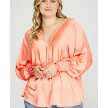 SHE+SKY  Plus Size Silky V-Neck Smocked Cuffs Peplum Blouse - Elegant Flowy Top SKU# PSY3390-peach-coral-6 SKU# PSY3390-lilac-6 SKU# PSY3390-ecru-6 SKU# PSY3390-misty-sage-6