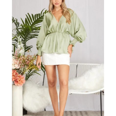 SHE+SKY  Plus Size Silky V-Neck Smocked Cuffs Peplum Blouse - Elegant Flowy Top SKU# PSY3390-peach-coral-6 SKU# PSY3390-lilac-6 SKU# PSY3390-ecru-6 SKU# PSY3390-misty-sage-6