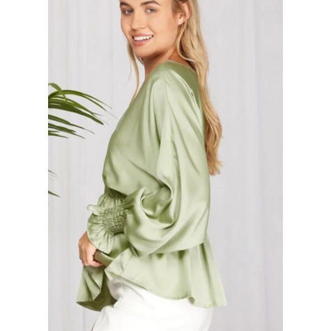 SHE+SKY  Plus Size Silky V-Neck Smocked Cuffs Peplum Blouse - Elegant Flowy Top SKU# PSY3390-peach-coral-6 SKU# PSY3390-lilac-6 SKU# PSY3390-ecru-6 SKU# PSY3390-misty-sage-6