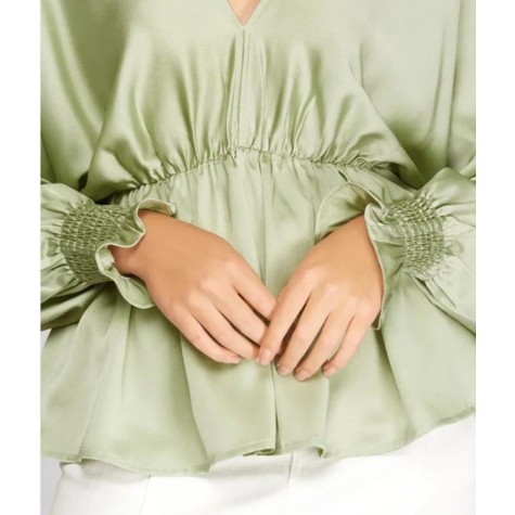 SHE+SKY  Plus Size Silky V-Neck Smocked Cuffs Peplum Blouse - Elegant Flowy Top SKU# PSY3390-peach-coral-6 SKU# PSY3390-lilac-6 SKU# PSY3390-ecru-6 SKU# PSY3390-misty-sage-6