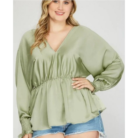 SHE+SKY  Plus Size Silky V-Neck Smocked Cuffs Peplum Blouse - Elegant Flowy Top SKU# PSY3390-peach-coral-6 SKU# PSY3390-lilac-6 SKU# PSY3390-ecru-6 SKU# PSY3390-misty-sage-6