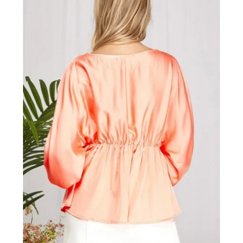 SHE+SKY  Plus Size Silky V-Neck Smocked Cuffs Peplum Blouse - Elegant Flowy Top SKU# PSY3390-peach-coral-6 SKU# PSY3390-lilac-6 SKU# PSY3390-ecru-6 SKU# PSY3390-misty-sage-6