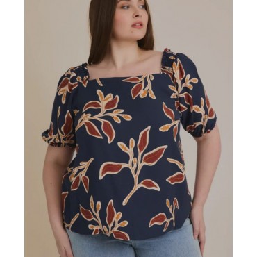GILLI  Plus Size Navy Floral Smocked Sleeve Boho Style Short Sleeve Blouse SKU# XAT4781-navy-multi-floral-6