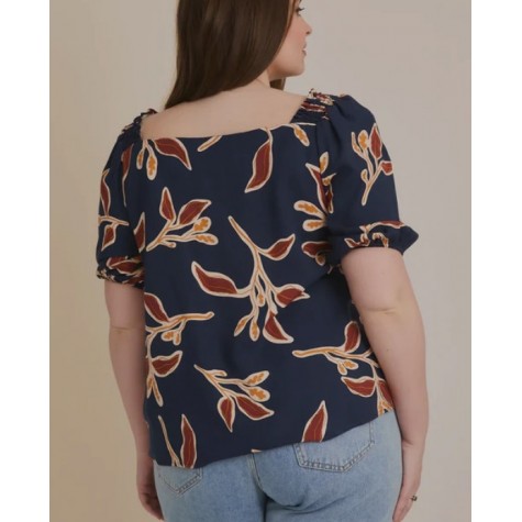 GILLI  Plus Size Navy Floral Smocked Sleeve Boho Style Short Sleeve Blouse SKU# XAT4781-navy-multi-floral-6