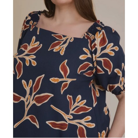 GILLI  Plus Size Navy Floral Smocked Sleeve Boho Style Short Sleeve Blouse SKU# XAT4781-navy-multi-floral-6