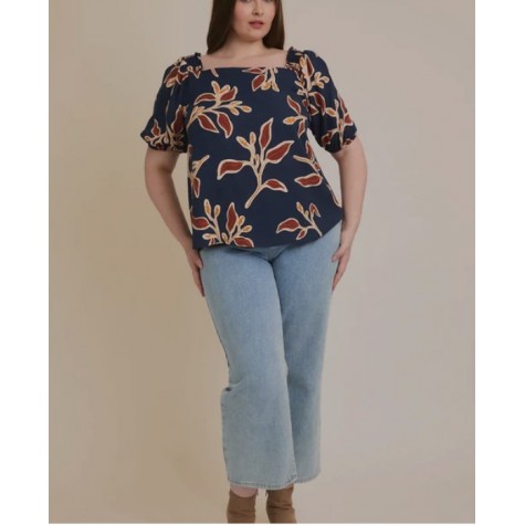 GILLI  Plus Size Navy Floral Smocked Sleeve Boho Style Short Sleeve Blouse SKU# XAT4781-navy-multi-floral-6