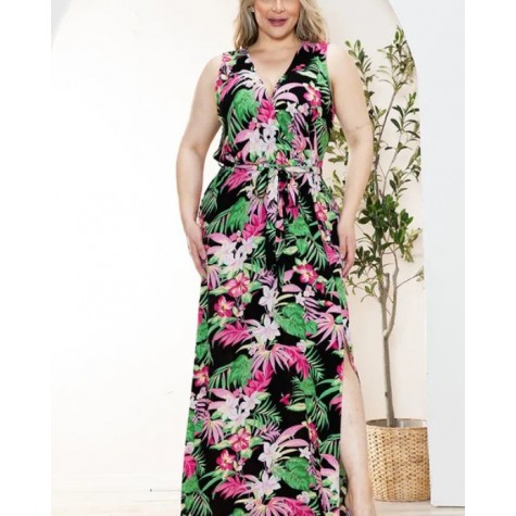Zenobia  Boho Junior Plus Size Floral Wrap Belted Front Slit Maxi Dress SKU# ZB10256F1-black-3 SKU# ZB10256F1-taupe-3 SKU# ZB10256F1-ivory-3