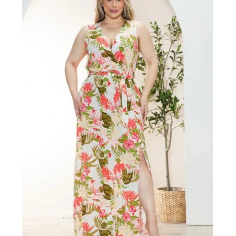 Zenobia  Boho Junior Plus Size Floral Wrap Belted Front Slit Maxi Dress SKU# ZB10256F1-black-3 SKU# ZB10256F1-taupe-3 SKU# ZB10256F1-ivory-3