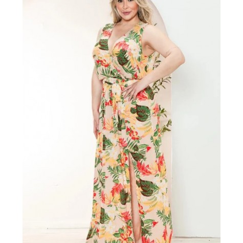 Zenobia  Boho Junior Plus Size Floral Wrap Belted Front Slit Maxi Dress SKU# ZB10256F1-black-3 SKU# ZB10256F1-taupe-3 SKU# ZB10256F1-ivory-3