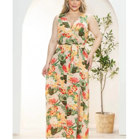 Zenobia  Boho Junior Plus Size Floral Wrap Belted Front Slit Maxi Dress SKU# ZB10256F1-black-3 SKU# ZB10256F1-taupe-3 SKU# ZB10256F1-ivory-3