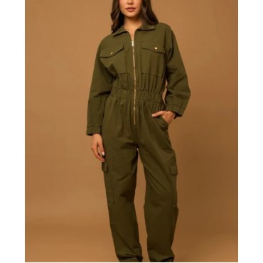 GILLI  Cotton Front Zipper Elastic Waist Cargo Jumpsuit SKU# MM6586G-olive-6