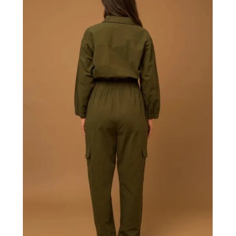 GILLI  Cotton Front Zipper Elastic Waist Cargo Jumpsuit SKU# MM6586G-olive-6