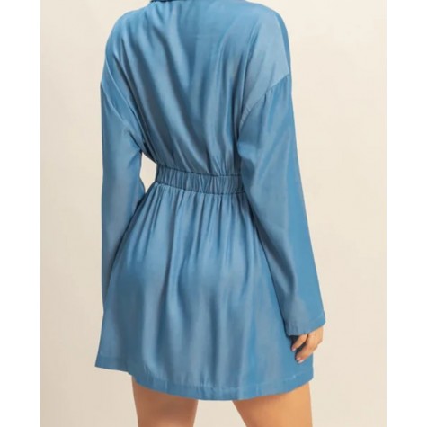 HYFVE  Long Sleeve Gold Button Ruched Waist Chambray Wrap Mini Shirt Dress SKU# HF23G410-denim-6   SKU# HF23G410-olive-6