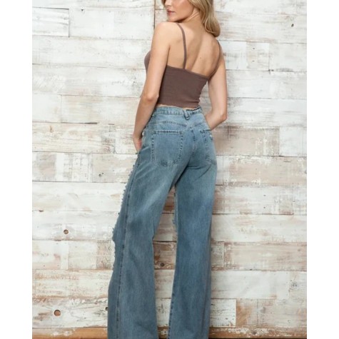 Mustard Seed  High Waisted Heavily Distressed Wide Leg Denim Jeans SKU# DS0528-N-washed-denim-6 SKU# DS0528-N-espresso-6