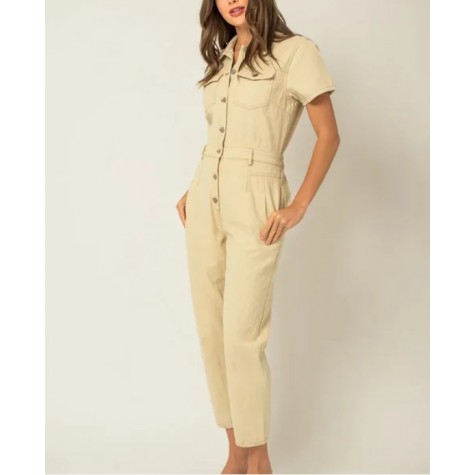 GILLI  Button Up Short sleeve Utility Denim Jumpsuit SKU# MM3026G-natural-6
