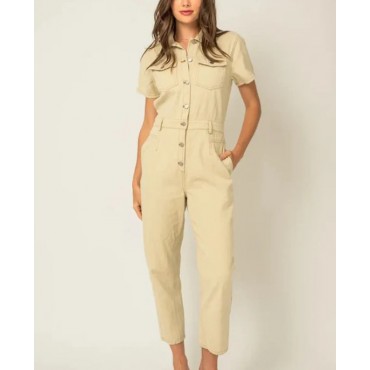 GILLI  Button Up Short sleeve Utility Denim Jumpsuit SKU# MM3026G-natural-6