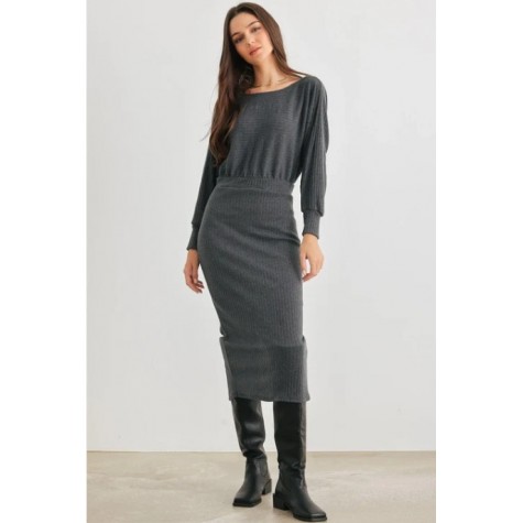 GILLI  Dark Olive Ribbed Knit Cut-Out Back Long Sleeve Midi Dress SKU# AD2617-dark-olive-6