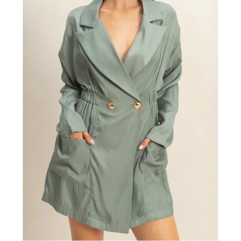 HYFVE  Long Sleeve Gold Button Ruched Waist Chambray Wrap Mini Shirt Dress SKU# HF23G410-denim-6   SKU# HF23G410-olive-6