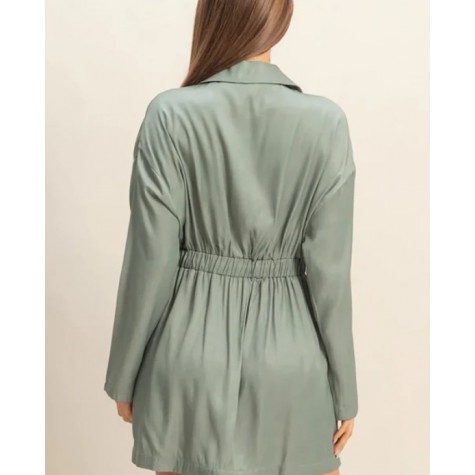 HYFVE  Long Sleeve Gold Button Ruched Waist Chambray Wrap Mini Shirt Dress SKU# HF23G410-denim-6   SKU# HF23G410-olive-6