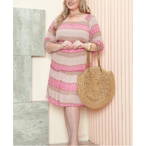 Janette Plus  Plus Size Bohemian Pattern Square Neck Elastic Waist Dress SKU# JD13857-HZ-pink-6 SKU# JD13857-HZ-blue-6 SKU# JD13857-HZ-sage-6