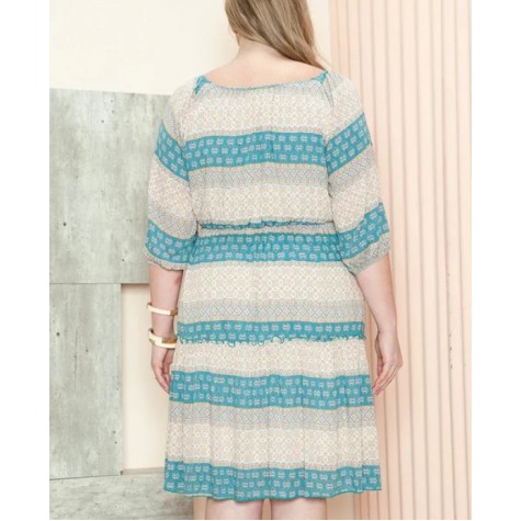 Janette Plus  Plus Size Bohemian Pattern Square Neck Elastic Waist Dress SKU# JD13857-HZ-pink-6 SKU# JD13857-HZ-blue-6 SKU# JD13857-HZ-sage-6